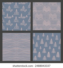 Set of New Year, Christmas patterns with fir trees. Scandinavian Norwegian simple winter print. Minimalistic graphic illustration. Striped herringbone pattern with snowflakes, snowballs.