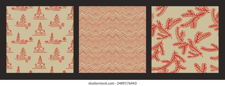 Set of New Year, Christmas patterns with fir trees. Scandinavian Norwegian simple winter print. Minimalistic graphic illustration. Striped herringbone pattern with snowflakes, snowballs.