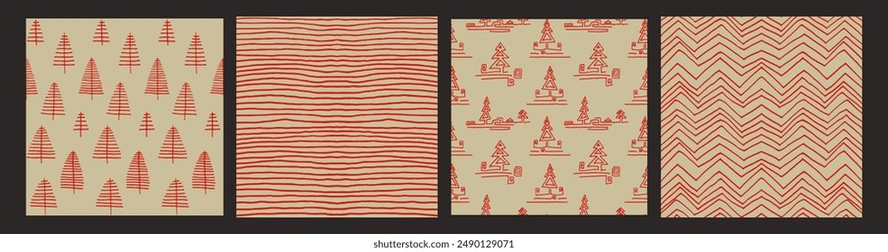 Set of New Year, Christmas patterns with fir trees. Scandinavian Norwegian simple winter print. Minimalistic graphic illustration. Striped herringbone pattern with snowflakes, snowballs.