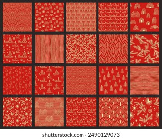 Set of New Year, Christmas patterns with fir trees. Scandinavian Norwegian simple winter print. Minimalistic graphic illustration. Striped herringbone pattern with snowflakes, snowballs.