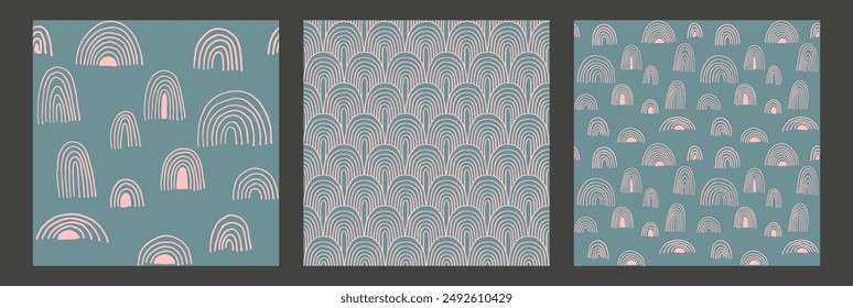 Set of New Year, Christmas patterns with fir trees. Scandinavian Norwegian simple winter print. Minimalistic graphic illustration. Striped herringbone pattern with snowflakes, snowballs.