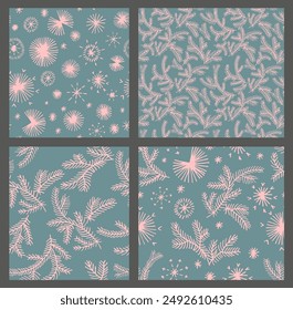 Set von Neuen Jahren, Weihnachtsmusiken Muster mit Tannen. Skandinavischer norwegischer einfacher Winterdruck. Minimalistische grafische Darstellung. Gestreiftes Fischgrätenmuster mit Schneeflocken, Schneebälle.