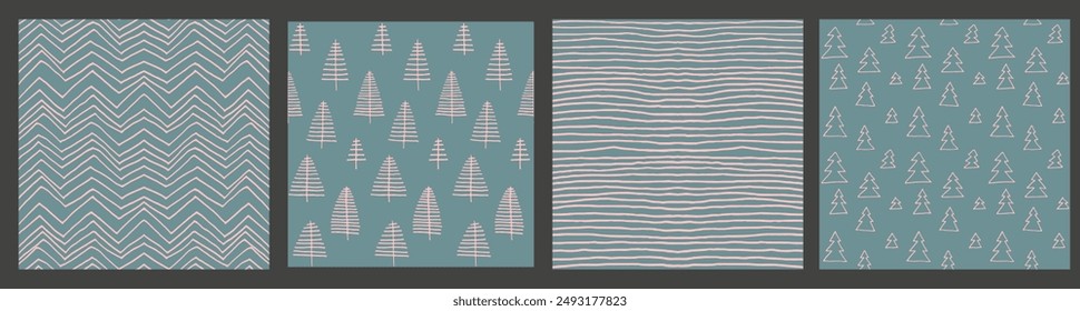 Set of New Year, Christmas patterns with fir trees. Scandinavian Norwegian simple winter print. Minimalistic graphic illustration. Striped herringbone pattern with snowflakes, snowballs.