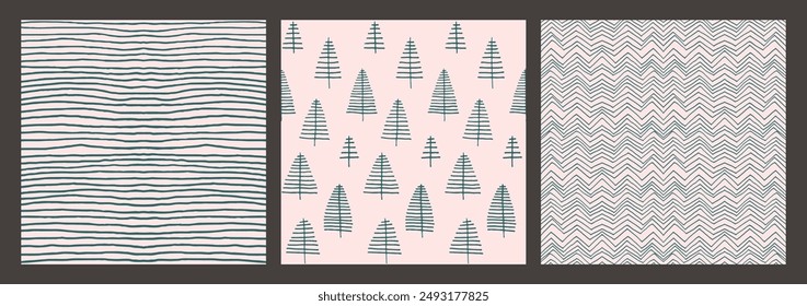 Set of New Year, Christmas patterns with fir trees. Scandinavian Norwegian simple winter print. Minimalistic graphic illustration. Striped herringbone pattern with snowflakes, snowballs.