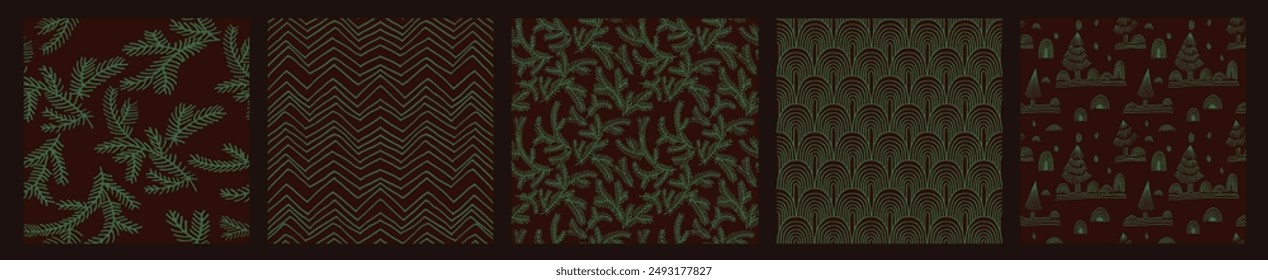Set von Neuen Jahren, Weihnachtsmusiken Muster mit Tannen. Skandinavischer norwegischer einfacher Winterdruck. Minimalistische grafische Darstellung. Gestreiftes Fischgrätenmuster mit Schneeflocken, Schneebälle.