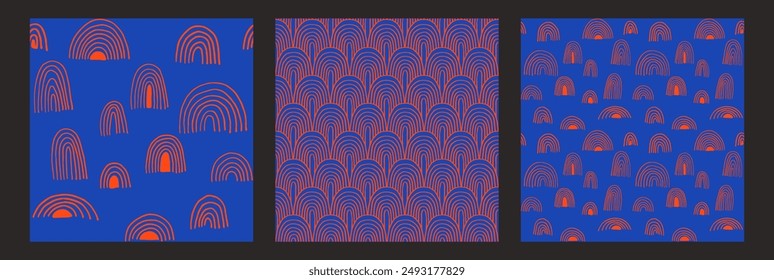 Conjunto de año Nuevo, patrones de Navidades con abetos. Escandinavo noruego simple impresión de invierno. Ilustración gráfica minimalista. Patrón de espiga rayada con copos de nieve, bolas de nieve.