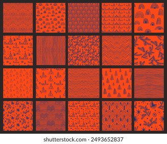 Set of New Year, Christmas patterns with fir trees. Scandinavian Norwegian simple winter print. Minimalistic graphic illustration. Striped herringbone pattern with snowflakes, snowballs.