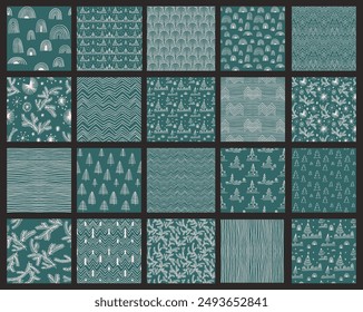 Set of New Year, Christmas patterns with fir trees. Scandinavian Norwegian simple winter print. Minimalistic graphic illustration. Striped herringbone pattern with snowflakes, snowballs.
