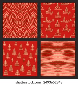 Set of New Year, Christmas patterns with fir trees. Scandinavian Norwegian simple winter print. Minimalistic graphic illustration. Striped herringbone pattern with snowflakes, snowballs.