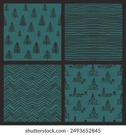 Conjunto de año Nuevo, patrones de Navidades con abetos. Escandinavo noruego simple impresión de invierno. Ilustración gráfica minimalista. Patrón de espiga rayada con copos de nieve, bolas de nieve.
