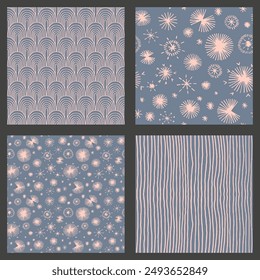 Set of New Year, Christmas patterns with fir trees. Scandinavian Norwegian simple winter print. Minimalistic graphic illustration. Striped herringbone pattern with snowflakes, snowballs.