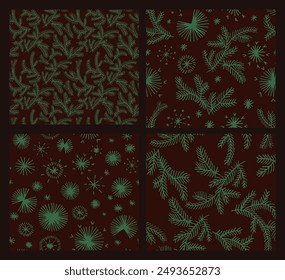 Set von Neuen Jahren, Weihnachtsmusiken Muster mit Tannen. Skandinavischer norwegischer einfacher Winterdruck. Minimalistische grafische Darstellung. Gestreiftes Fischgrätenmuster mit Schneeflocken, Schneebälle.
