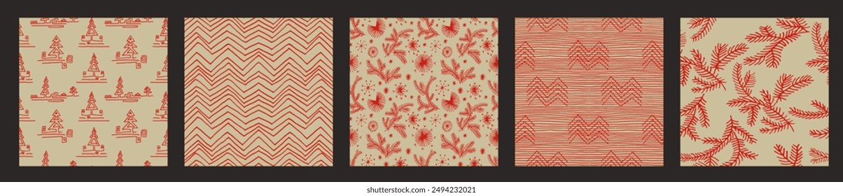 Set of New Year, Christmas patterns with fir trees. Scandinavian Norwegian simple winter print. Minimalistic graphic illustration. Striped herringbone pattern with snowflakes, snowballs.