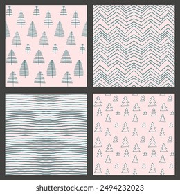 Set of New Year, Christmas patterns with fir trees. Scandinavian Norwegian simple winter print. Minimalistic graphic illustration. Striped herringbone pattern with snowflakes, snowballs.