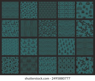 Neujahrssatz, Weihnachtsmuster mit Tannenbäumen. Skandinavisch Norwegisch einfacher Winterdruck. Minimalistische grafische Darstellung. Gestreiftes Fischgrätenmuster mit Schneeflocken, Schneebällen.
