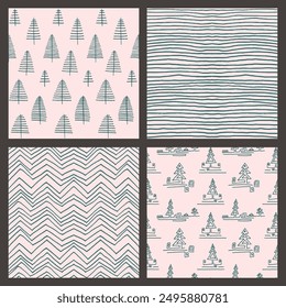 Set of New Year, Christmas patterns with fir trees. Scandinavian Norwegian simple winter print. Minimalistic graphic illustration. Striped herringbone pattern with snowflakes, snowballs.