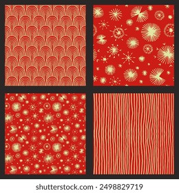 Set of New Year, Christmas patterns with fir trees. Scandinavian Norwegian simple winter print. Minimalistic graphic illustration. Striped herringbone pattern with snowflakes, snowballs.