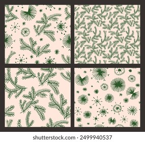 Set of New Year, Christmas patterns with fir trees. Scandinavian Norwegian simple winter print. Minimalistic graphic illustration. Striped herringbone pattern with snowflakes, snowballs.