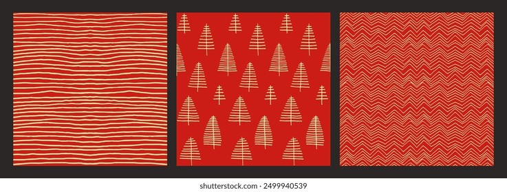 Set of New Year, Christmas patterns with fir trees. Scandinavian Norwegian simple winter print. Minimalistic graphic illustration. Striped herringbone pattern with snowflakes, snowballs.