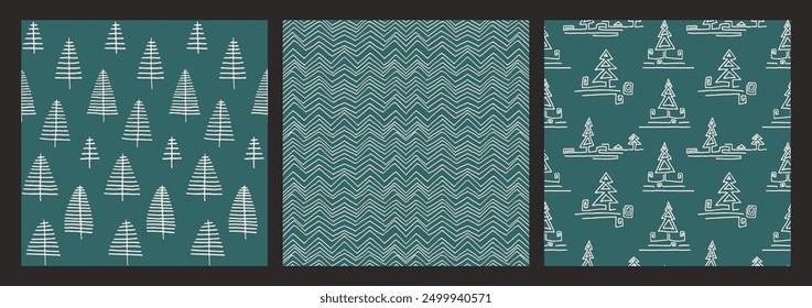 Set of New Year, Christmas patterns with fir trees. Scandinavian Norwegian simple winter print. Minimalistic graphic illustration. Striped herringbone pattern with snowflakes, snowballs.