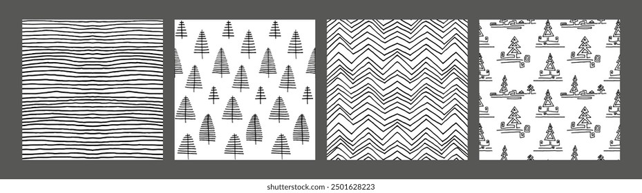 Set of New Year, Christmas patterns with fir trees. Scandinavian Norwegian simple winter print. Minimalistic graphic illustration. Striped herringbone pattern with snowflakes, snowballs.