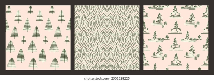 Neujahrssatz, Weihnachtsmuster mit Tannenbäumen. Skandinavisch Norwegisch einfacher Winterdruck. Minimalistische grafische Darstellung. Gestreiftes Fischgrätenmuster mit Schneeflocken, Schneebällen.