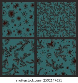 Set of New Year, Christmas patterns with fir trees. Scandinavian Norwegian simple winter print. Minimalistic graphic illustration. Striped herringbone pattern with snowflakes, snowballs.