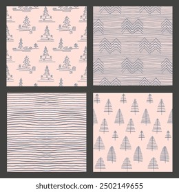 Set of New Year, Christmas patterns with fir trees. Scandinavian Norwegian simple winter print. Minimalistic graphic illustration. Striped herringbone pattern with snowflakes, snowballs.