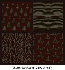 Set of New Year, Christmas patterns with fir trees. Scandinavian Norwegian simple winter print. Minimalistic graphic illustration. Striped herringbone pattern with snowflakes, snowballs.