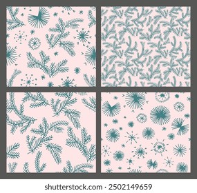 Set of New Year, Christmas patterns with fir trees. Scandinavian Norwegian simple winter print. Minimalistic graphic illustration. Striped herringbone pattern with snowflakes, snowballs.