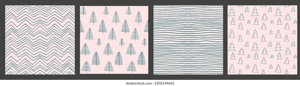 Set of New Year, Christmas patterns with fir trees. Scandinavian Norwegian simple winter print. Minimalistic graphic illustration. Striped herringbone pattern with snowflakes, snowballs.