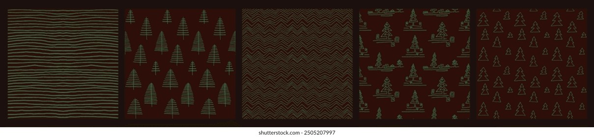 Set of New Year, Christmas patterns with fir trees. Scandinavian Norwegian simple winter print. Minimalistic graphic illustration. Striped herringbone pattern with snowflakes, snowballs.