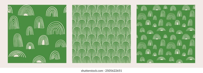 Set of New Year, Christmas patterns with fir trees. Scandinavian Norwegian simple winter print. Minimalistic graphic illustration. Striped herringbone pattern with snowflakes, snowballs.