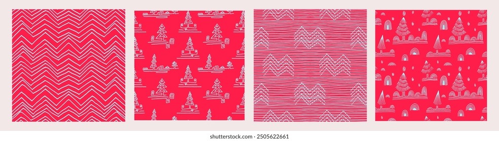 Set of New Year, Christmas patterns with fir trees. Scandinavian Norwegian simple winter print. Minimalistic graphic illustration. Striped herringbone pattern with snowflakes, snowballs.