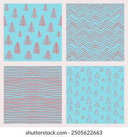 Set of New Year, Christmas patterns with fir trees. Scandinavian Norwegian simple winter print. Minimalistic graphic illustration. Striped herringbone pattern with snowflakes, snowballs.