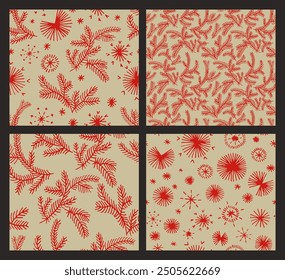 Set of New Year, Christmas patterns with fir trees. Scandinavian Norwegian simple winter print. Minimalistic graphic illustration. Striped herringbone pattern with snowflakes, snowballs.