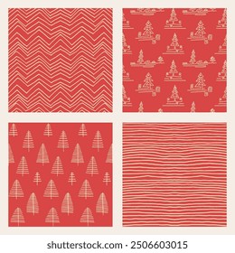 Neujahrssatz, Weihnachtsmuster mit Tannenbäumen. Skandinavisch Norwegisch einfacher Winterdruck. Minimalistische grafische Darstellung. Gestreiftes Fischgrätenmuster mit Schneeflocken, Schneebällen.