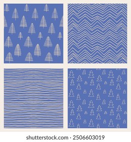 Conjunto de Año Nuevo, patrones de Navidades con abetos. Estampado de invierno noruego escandinavo simple. Ilustración gráfica minimalista. Patrón de espiga rayada con copos de nieve, bolas de nieve.