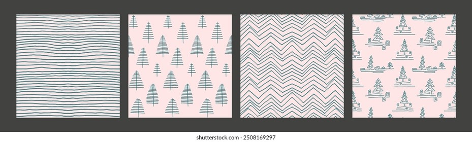 Set of New Year, Christmas patterns with fir trees. Scandinavian Norwegian simple winter print. Minimalistic graphic illustration. Striped herringbone pattern with snowflakes, snowballs.
