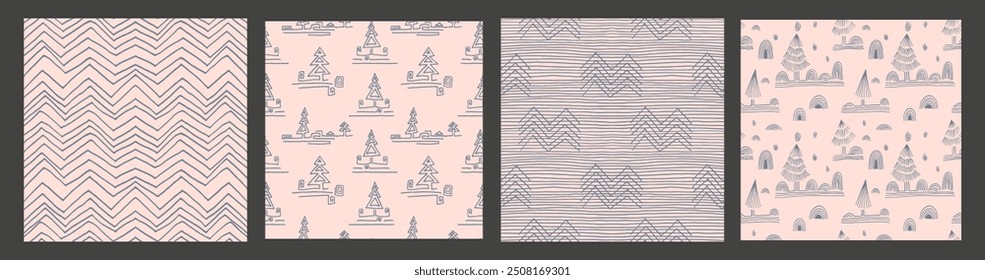 Set of New Year, Christmas patterns with fir trees. Scandinavian Norwegian simple winter print. Minimalistic graphic illustration. Striped herringbone pattern with snowflakes, snowballs.