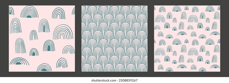Conjunto de Año Nuevo, patrones de Navidades con abetos. Estampado de invierno noruego escandinavo simple. Ilustración gráfica minimalista. Patrón de espiga rayada con copos de nieve, bolas de nieve.