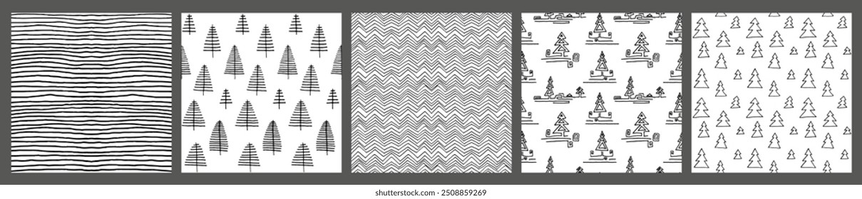 Set of New Year, Christmas patterns with fir trees. Scandinavian Norwegian simple winter print. Minimalistic graphic illustration. Striped herringbone pattern with snowflakes, snowballs.