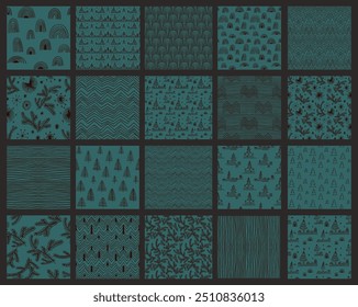 Set of New Year, Christmas patterns with fir trees. Scandinavian Norwegian simple winter print. Minimalistic graphic illustration. Striped herringbone pattern with snowflakes, snowballs.