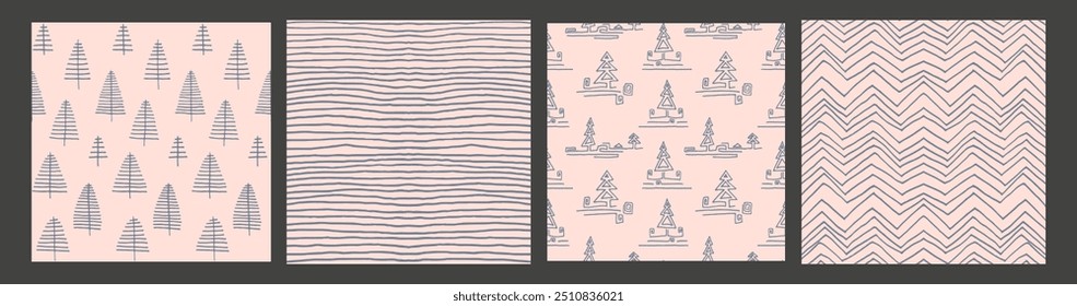 Set of New Year, Christmas patterns with fir trees. Scandinavian Norwegian simple winter print. Minimalistic graphic illustration. Striped herringbone pattern with snowflakes, snowballs.