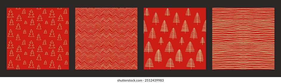 Set of New Year, Christmas patterns with fir trees. Scandinavian Norwegian simple winter print. Minimalistic graphic illustration. Striped herringbone pattern with snowflakes, snowballs.