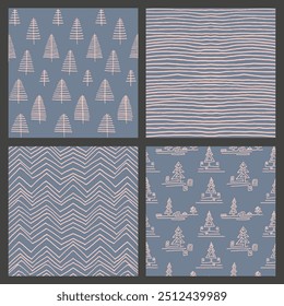 Conjunto de Año Nuevo, patrones de Navidades con abetos. Estampado de invierno noruego escandinavo simple. Ilustración gráfica minimalista. Patrón de espiga rayada con copos de nieve, bolas de nieve.