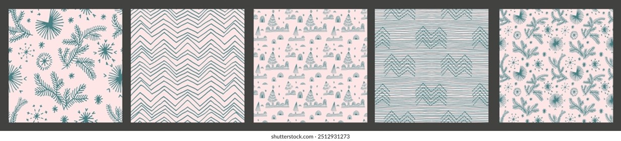 Set of New Year, Christmas patterns with fir trees. Scandinavian Norwegian simple winter print. Minimalistic graphic illustration. Striped herringbone pattern with snowflakes, snowballs.