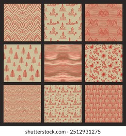 Set of New Year, Christmas patterns with fir trees. Scandinavian Norwegian simple winter print. Minimalistic graphic illustration. Striped herringbone pattern with snowflakes, snowballs.