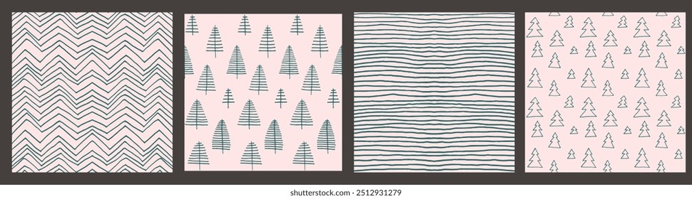 Set of New Year, Christmas patterns with fir trees. Scandinavian Norwegian simple winter print. Minimalistic graphic illustration. Striped herringbone pattern with snowflakes, snowballs.