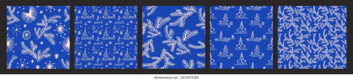 Conjunto de Año Nuevo, patrones de Navidades con abetos. Estampado de invierno noruego escandinavo simple. Ilustración gráfica minimalista. Patrón de espiga rayada con copos de nieve, bolas de nieve.